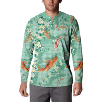 Green Palaka Hawaiian And Japanese Button Sweatshirt Sakura Lei With Koi Fish DT05 - Polynesian Pride