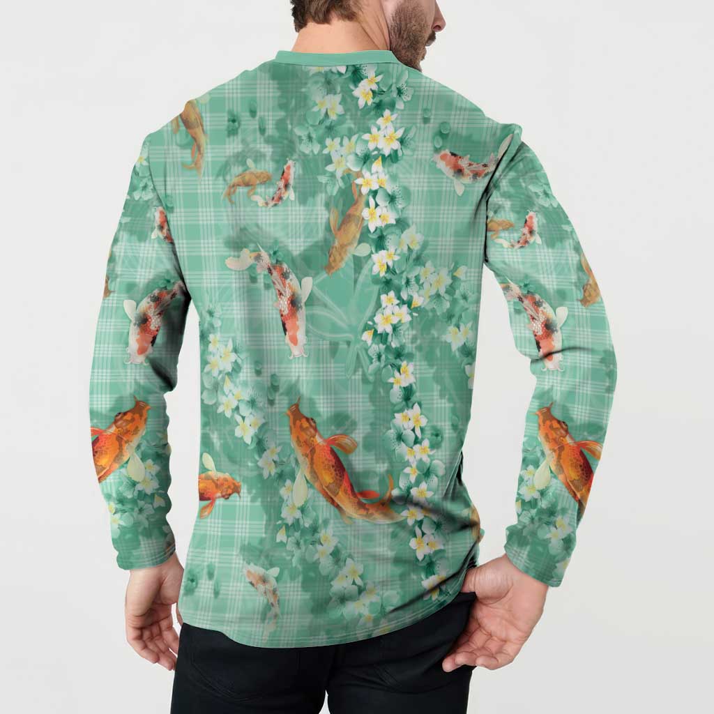 Green Palaka Hawaiian And Japanese Button Sweatshirt Sakura Lei With Koi Fish DT05 - Polynesian Pride