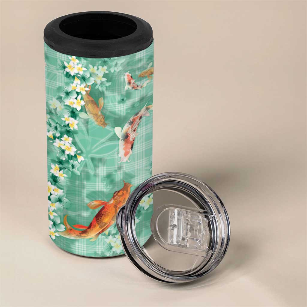 Green Palaka Hawaiian And Japanese 4 in 1 Can Cooler Tumbler Sakura Lei With Koi Fish - Polynesian Pride
