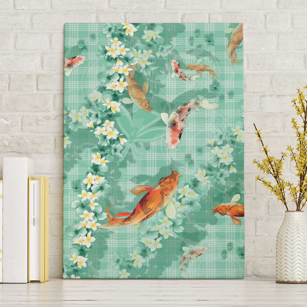 Green Palaka Hawaiian And Japanese Canvas Wall Art Sakura Lei With Koi Fish DT05 Without Frame Green - Polynesian Pride