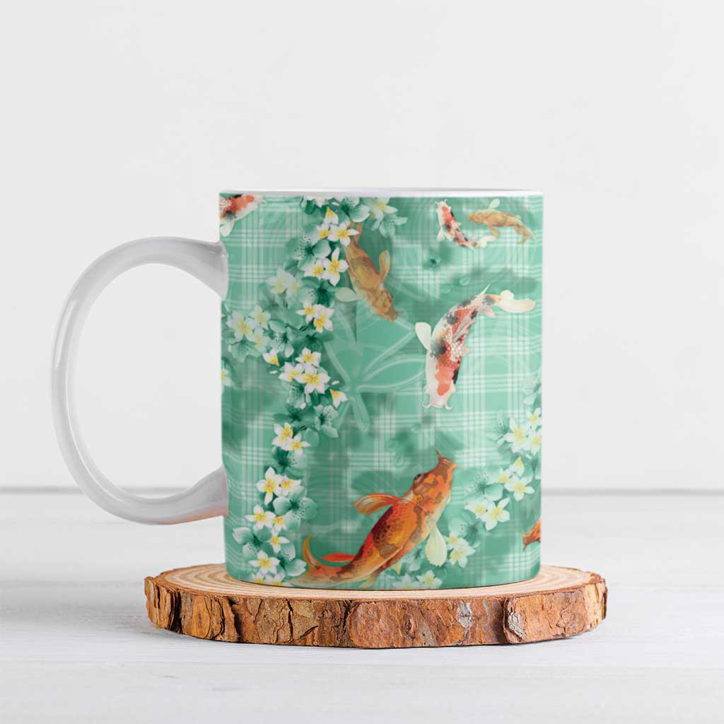 Green Palaka Hawaiian And Japanese Ceramic Mug Sakura Lei With Koi Fish DT05 Green - Polynesian Pride