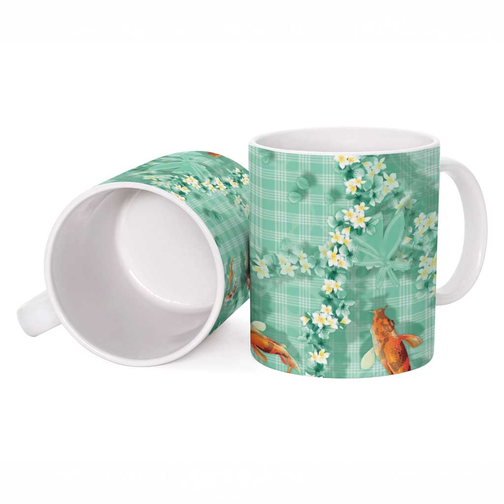 Green Palaka Hawaiian And Japanese Ceramic Mug Sakura Lei With Koi Fish DT05 - Polynesian Pride