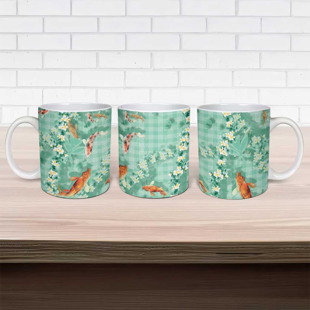 Green Palaka Hawaiian And Japanese Ceramic Mug Sakura Lei With Koi Fish DT05 - Polynesian Pride