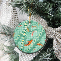 Green Palaka Hawaiian And Japanese Ceramic Ornament Sakura Lei With Koi Fish - Polynesian Pride