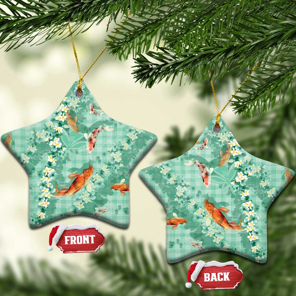 Green Palaka Hawaiian And Japanese Ceramic Ornament Sakura Lei With Koi Fish - Polynesian Pride