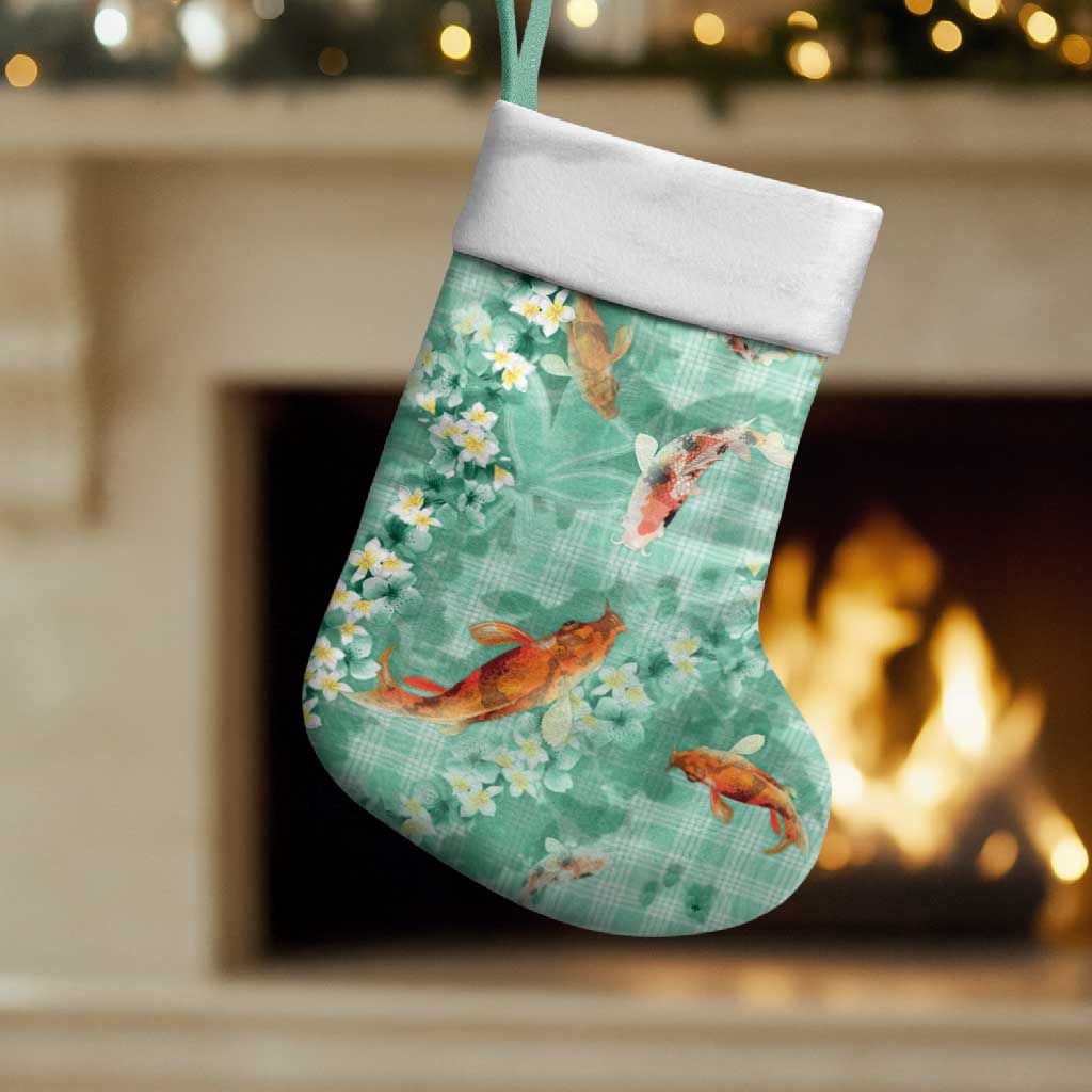 Green Palaka Hawaiian And Japanese Christmas Stocking Sakura Lei With Koi Fish - Polynesian Pride