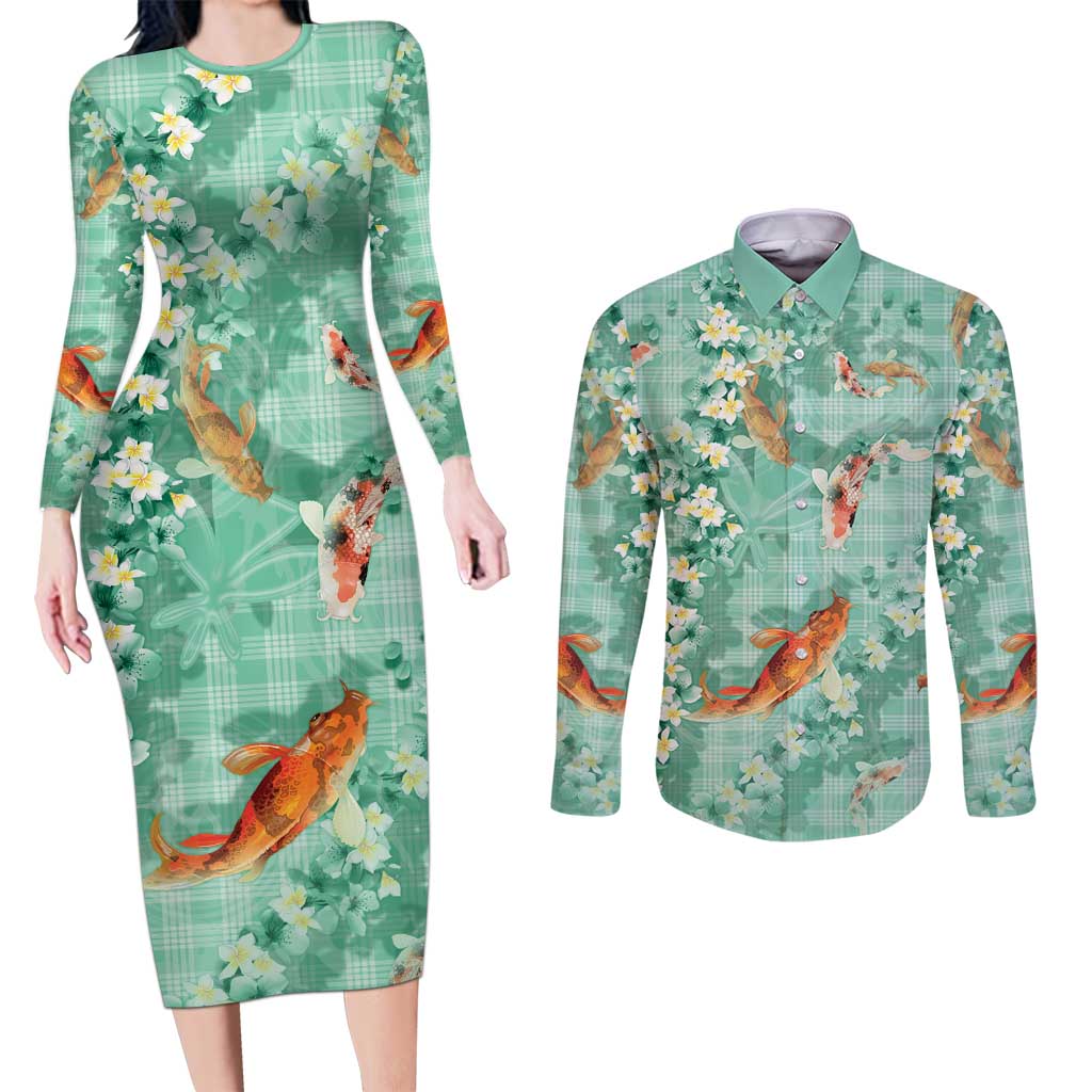 Green Palaka Hawaiian And Japanese Couples Matching Long Sleeve Bodycon Dress and Long Sleeve Button Shirt Sakura Lei With Koi Fish - Polynesian Pride