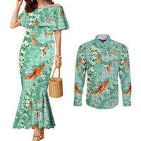 Green Palaka Hawaiian And Japanese Couples Matching Mermaid Dress and Long Sleeve Button Shirt Sakura Lei With Koi Fish - Polynesian Pride