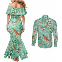 Green Palaka Hawaiian And Japanese Couples Matching Mermaid Dress and Long Sleeve Button Shirt Sakura Lei With Koi Fish - Polynesian Pride