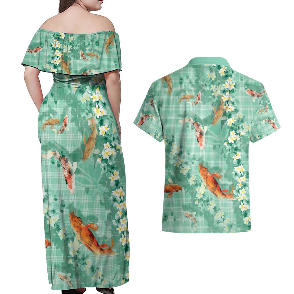 Green Palaka Hawaiian And Japanese Couples Matching Off Shoulder Maxi Dress and Hawaiian Shirt Sakura Lei With Koi Fish - Polynesian Pride