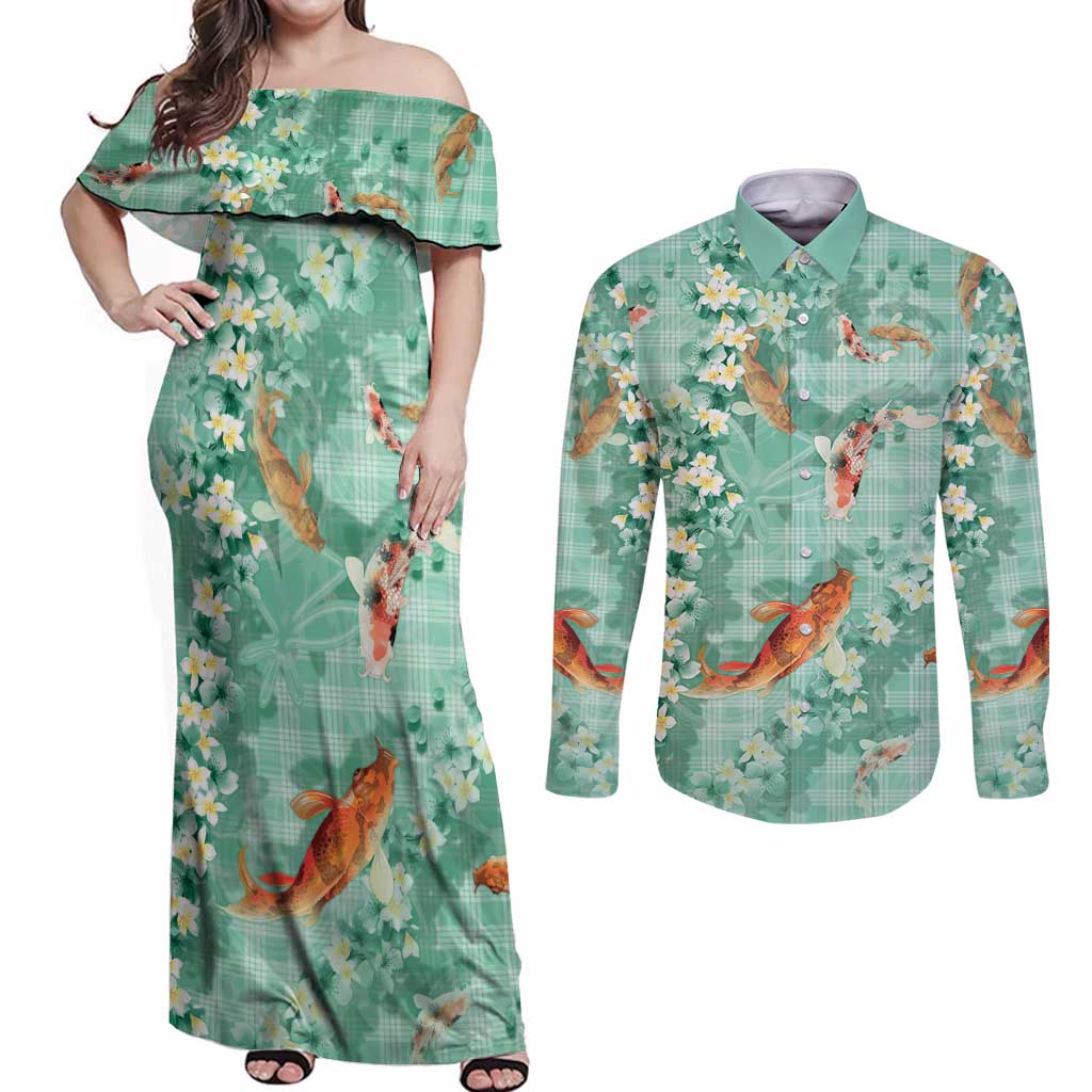 Green Palaka Hawaiian And Japanese Couples Matching Off Shoulder Maxi Dress and Long Sleeve Button Shirt Sakura Lei With Koi Fish - Polynesian Pride