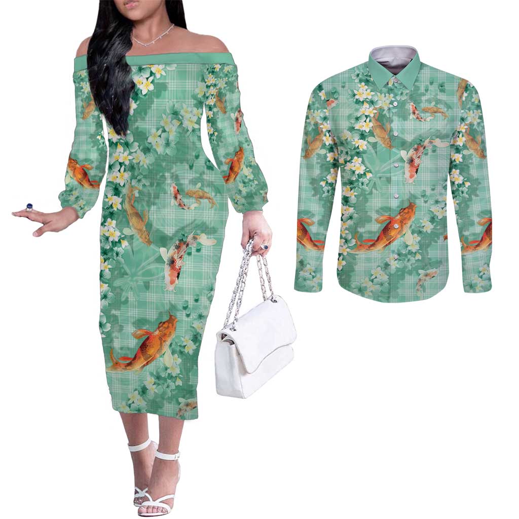 Green Palaka Hawaiian And Japanese Couples Matching Off The Shoulder Long Sleeve Dress and Long Sleeve Button Shirt Sakura Lei With Koi Fish - Polynesian Pride