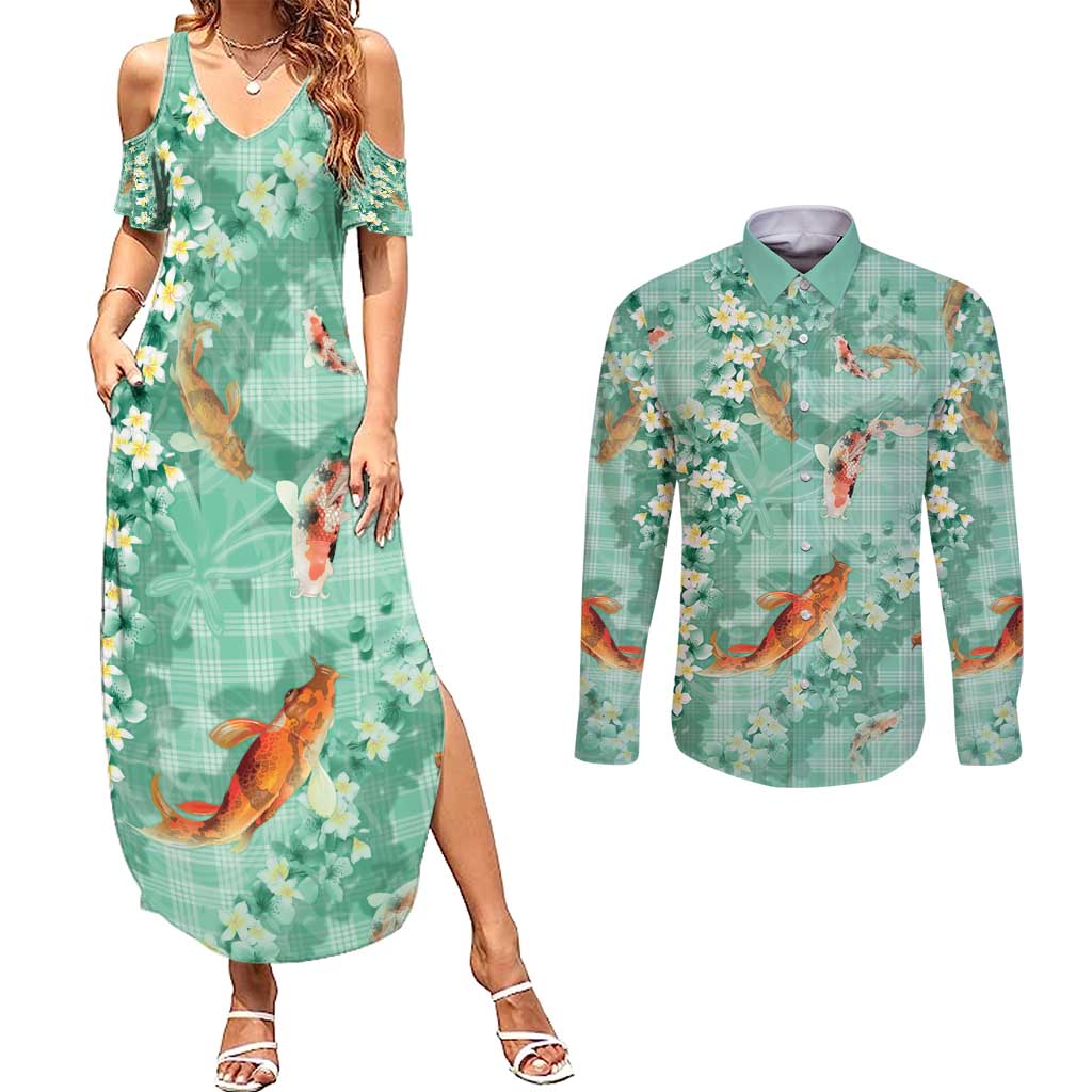 Green Palaka Hawaiian And Japanese Couples Matching Summer Maxi Dress and Long Sleeve Button Shirt Sakura Lei With Koi Fish - Polynesian Pride