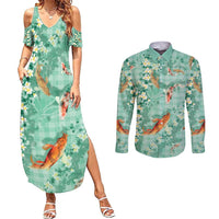 Green Palaka Hawaiian And Japanese Couples Matching Summer Maxi Dress and Long Sleeve Button Shirt Sakura Lei With Koi Fish - Polynesian Pride