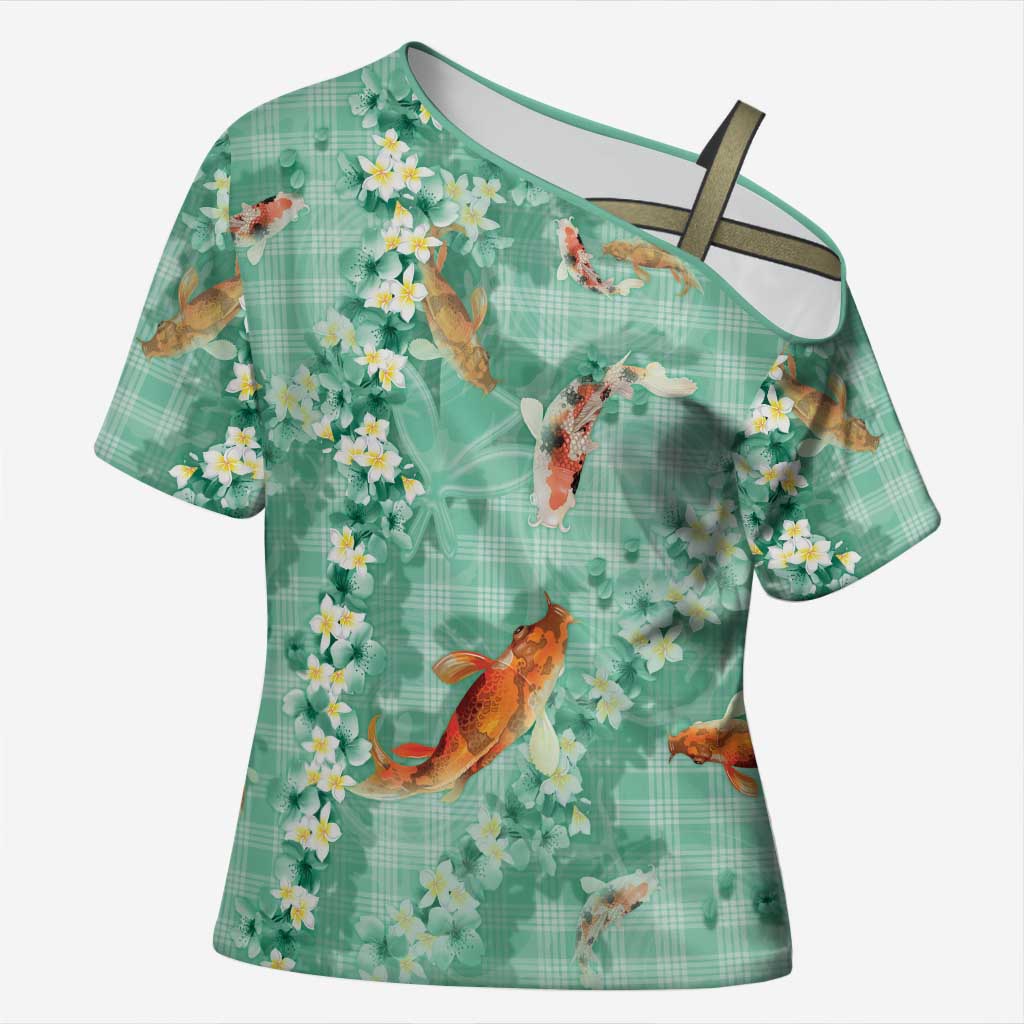 Green Palaka Hawaiian And Japanese Cross Shoulder Shirt Sakura Lei With Koi Fish DT05 Female Green - Polynesian Pride