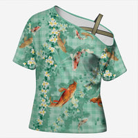 Green Palaka Hawaiian And Japanese Cross Shoulder Shirt Sakura Lei With Koi Fish DT05 Female Green - Polynesian Pride