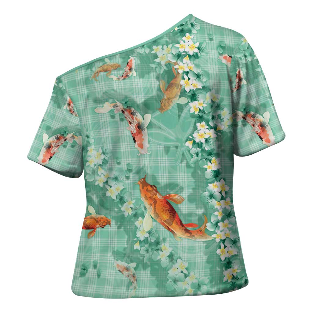 Green Palaka Hawaiian And Japanese Cross Shoulder Shirt Sakura Lei With Koi Fish DT05 - Polynesian Pride
