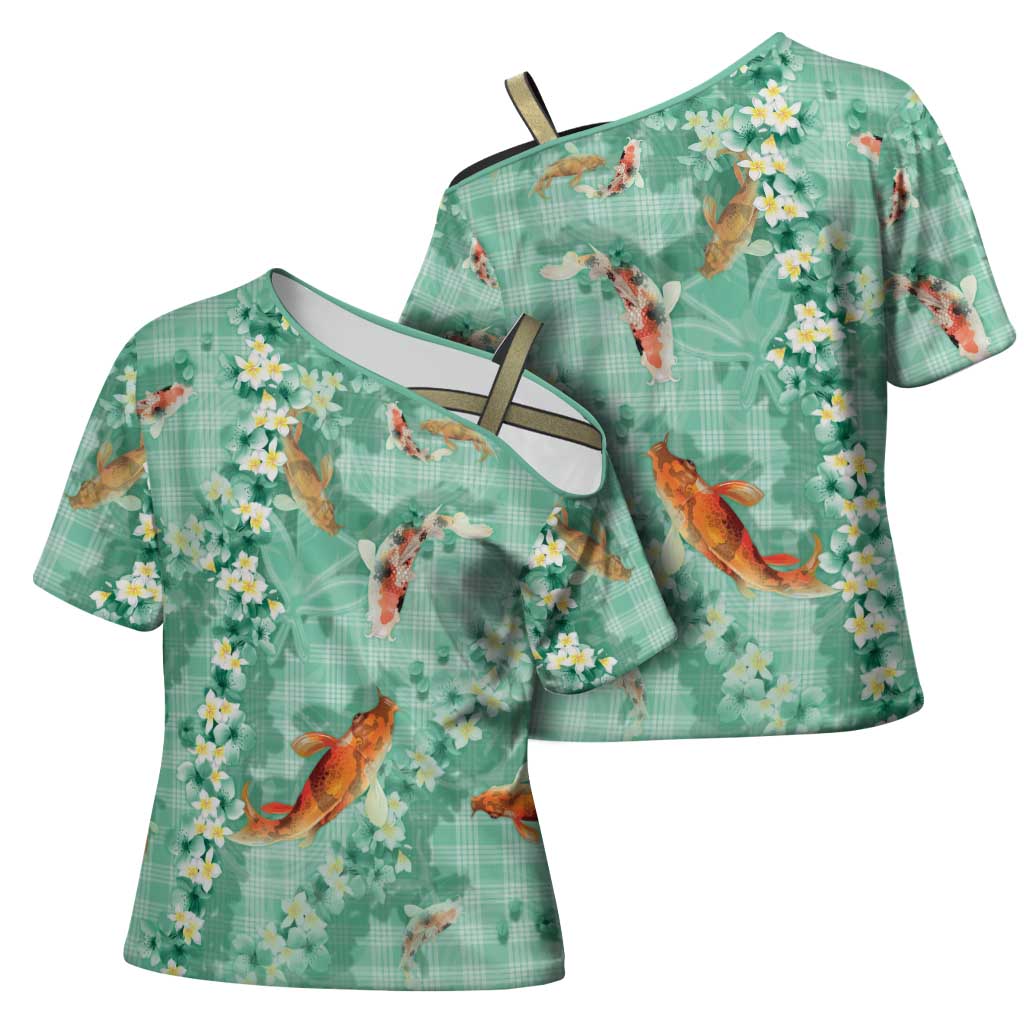 Green Palaka Hawaiian And Japanese Cross Shoulder Shirt Sakura Lei With Koi Fish DT05 - Polynesian Pride