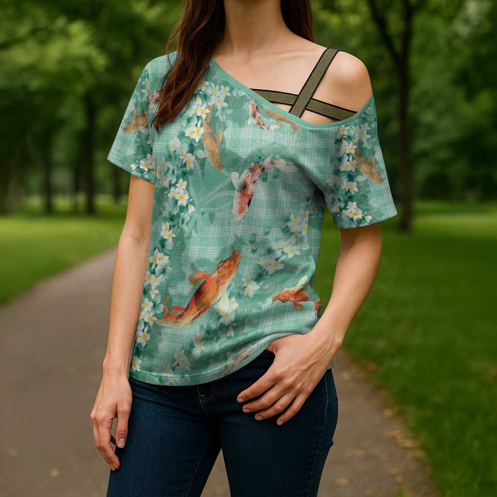 Green Palaka Hawaiian And Japanese Cross Shoulder Shirt Sakura Lei With Koi Fish DT05 - Polynesian Pride