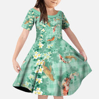 Green Palaka Hawaiian And Japanese Family Matching Long Sleeve Bodycon Dress and Hawaiian Shirt Sakura Lei With Koi Fish - Polynesian Pride