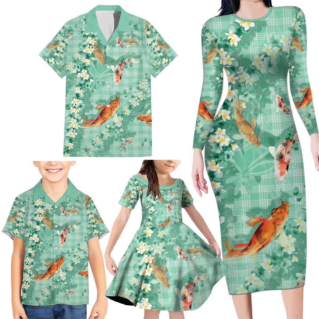 Green Palaka Hawaiian And Japanese Family Matching Long Sleeve Bodycon Dress and Hawaiian Shirt Sakura Lei With Koi Fish - Polynesian Pride