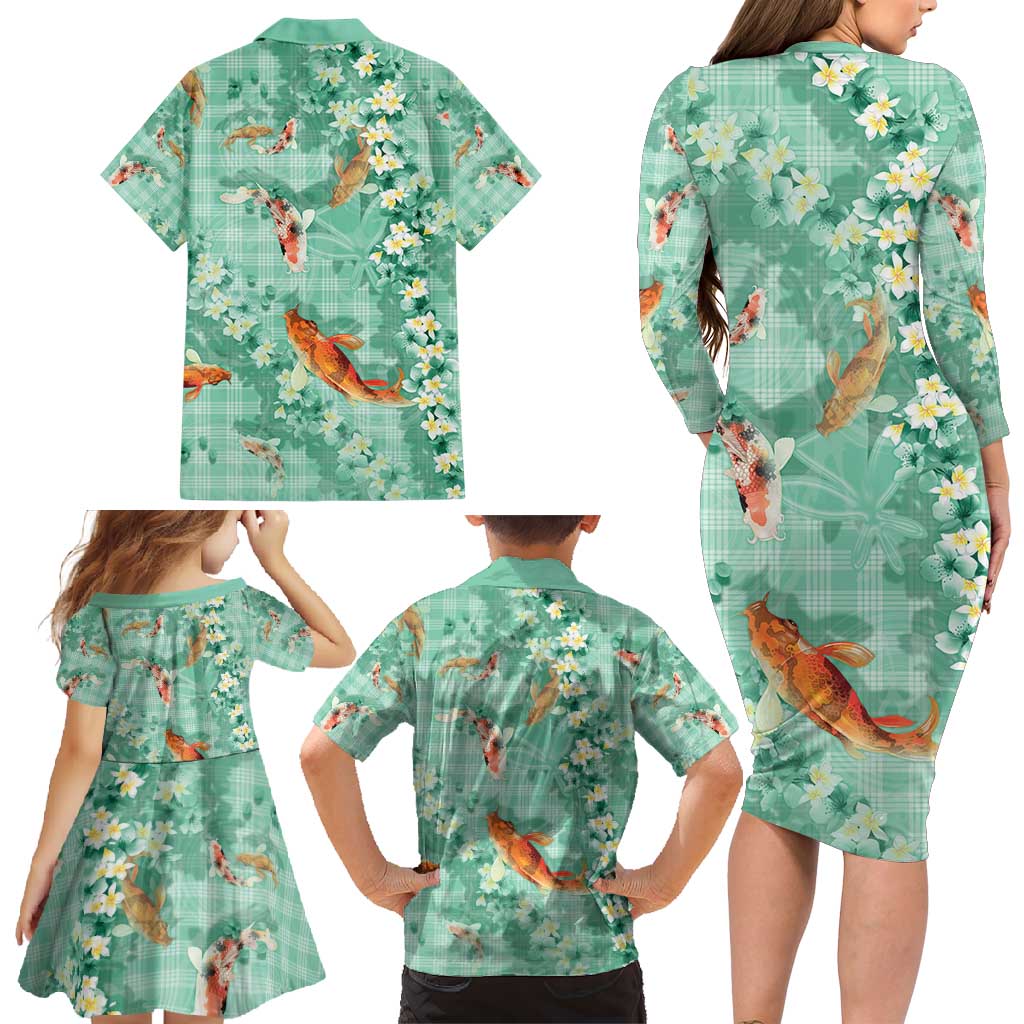 Green Palaka Hawaiian And Japanese Family Matching Long Sleeve Bodycon Dress and Hawaiian Shirt Sakura Lei With Koi Fish - Polynesian Pride
