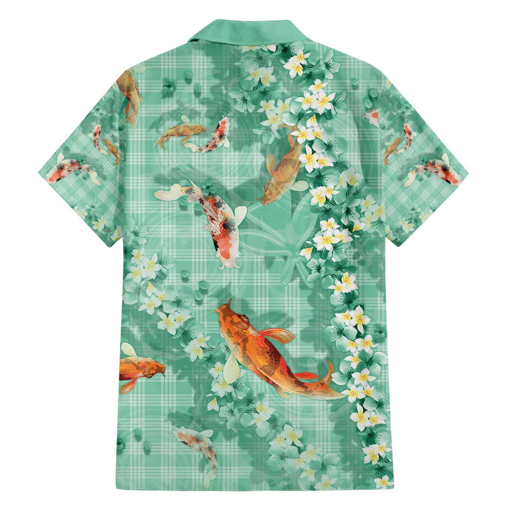 Green Palaka Hawaiian And Japanese Family Matching Long Sleeve Bodycon Dress and Hawaiian Shirt Sakura Lei With Koi Fish - Polynesian Pride
