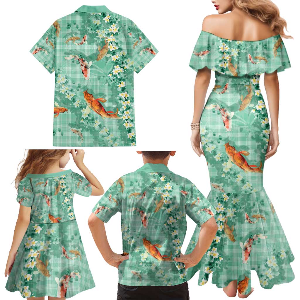 Green Palaka Hawaiian And Japanese Family Matching Mermaid Dress and Hawaiian Shirt Sakura Lei With Koi Fish - Polynesian Pride