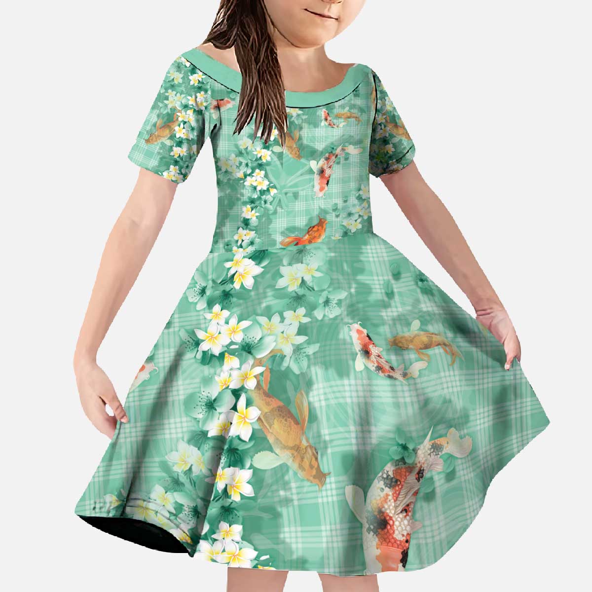Green Palaka Hawaiian And Japanese Family Matching Off The Shoulder Long Sleeve Dress and Hawaiian Shirt Sakura Lei With Koi Fish - Polynesian Pride