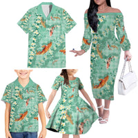 Green Palaka Hawaiian And Japanese Family Matching Off The Shoulder Long Sleeve Dress and Hawaiian Shirt Sakura Lei With Koi Fish - Polynesian Pride