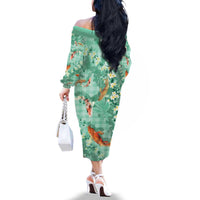 Green Palaka Hawaiian And Japanese Family Matching Off The Shoulder Long Sleeve Dress and Hawaiian Shirt Sakura Lei With Koi Fish - Polynesian Pride