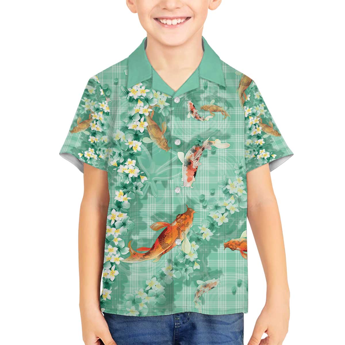 Green Palaka Hawaiian And Japanese Family Matching Off The Shoulder Long Sleeve Dress and Hawaiian Shirt Sakura Lei With Koi Fish - Polynesian Pride