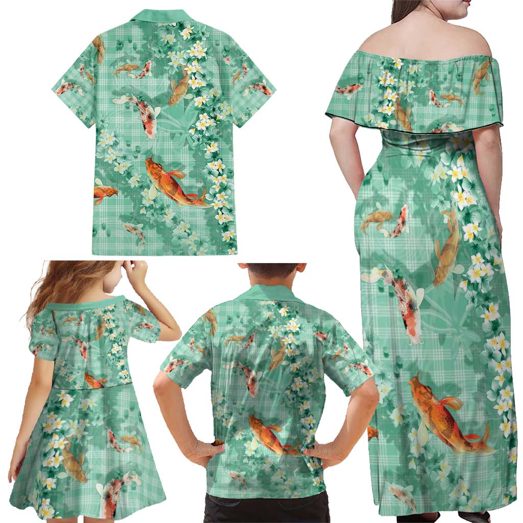 Green Palaka Hawaiian And Japanese Family Matching Off Shoulder Maxi Dress and Hawaiian Shirt Sakura Lei With Koi Fish - Polynesian Pride