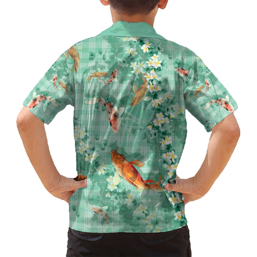 Green Palaka Hawaiian And Japanese Family Matching Off Shoulder Short Dress and Hawaiian Shirt Sakura Lei With Koi Fish - Polynesian Pride
