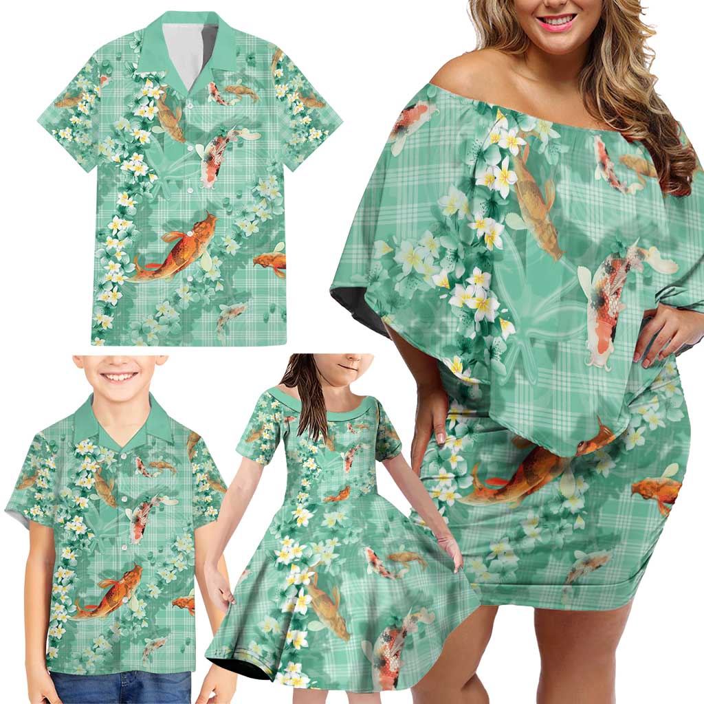 Green Palaka Hawaiian And Japanese Family Matching Off Shoulder Short Dress and Hawaiian Shirt Sakura Lei With Koi Fish - Polynesian Pride