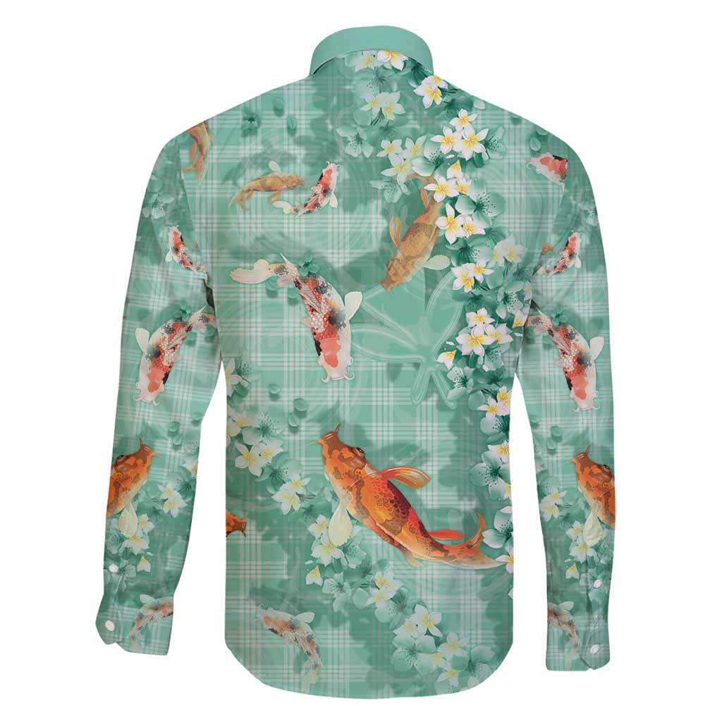 Green Palaka Hawaiian And Japanese Family Matching Off Shoulder Short Dress and Hawaiian Shirt Sakura Lei With Koi Fish - Polynesian Pride