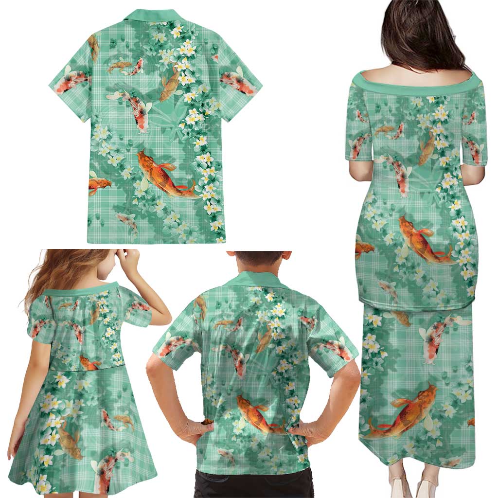 Green Palaka Hawaiian And Japanese Family Matching Puletasi and Hawaiian Shirt Sakura Lei With Koi Fish - Polynesian Pride