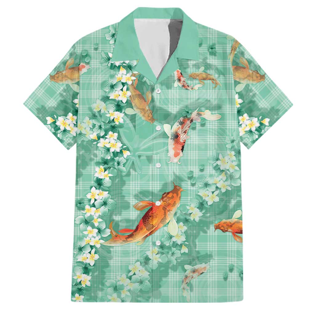 Green Palaka Hawaiian And Japanese Family Matching Puletasi and Hawaiian Shirt Sakura Lei With Koi Fish - Polynesian Pride