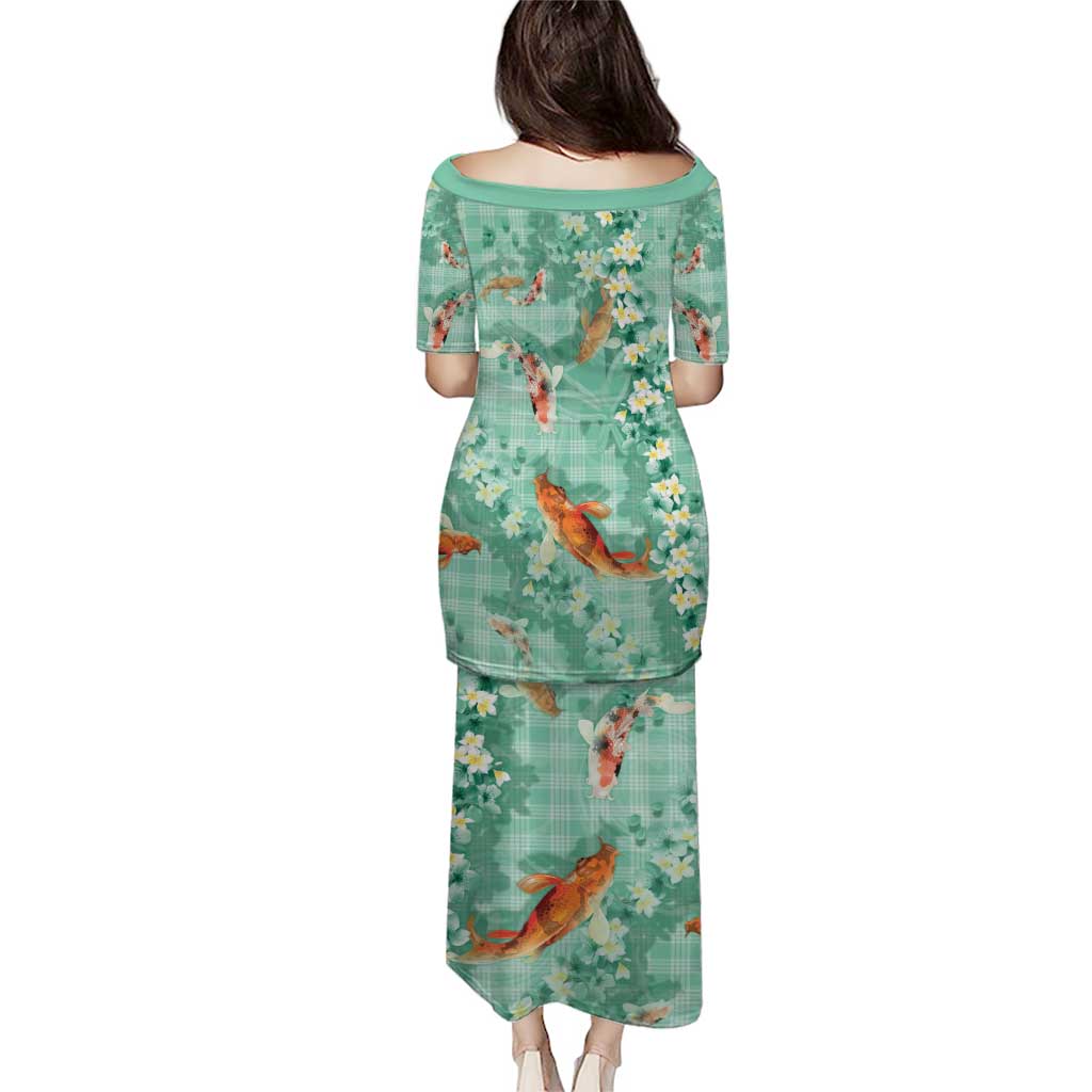 Green Palaka Hawaiian And Japanese Family Matching Puletasi and Hawaiian Shirt Sakura Lei With Koi Fish - Polynesian Pride