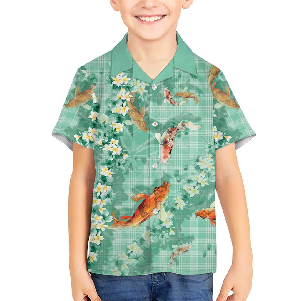 Green Palaka Hawaiian And Japanese Family Matching Puletasi and Hawaiian Shirt Sakura Lei With Koi Fish - Polynesian Pride