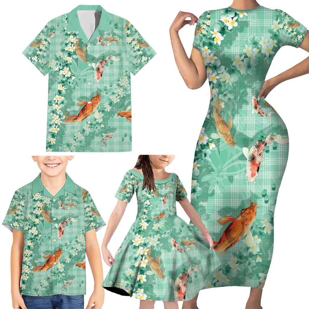 Green Palaka Hawaiian And Japanese Family Matching Short Sleeve Bodycon Dress and Hawaiian Shirt Sakura Lei With Koi Fish - Polynesian Pride