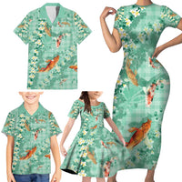 Green Palaka Hawaiian And Japanese Family Matching Short Sleeve Bodycon Dress and Hawaiian Shirt Sakura Lei With Koi Fish - Polynesian Pride
