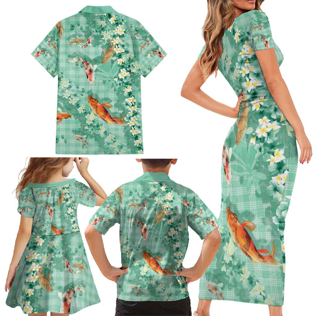 Green Palaka Hawaiian And Japanese Family Matching Short Sleeve Bodycon Dress and Hawaiian Shirt Sakura Lei With Koi Fish - Polynesian Pride
