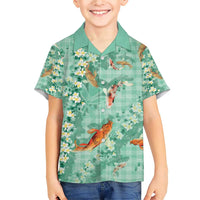 Green Palaka Hawaiian And Japanese Family Matching Short Sleeve Bodycon Dress and Hawaiian Shirt Sakura Lei With Koi Fish - Polynesian Pride