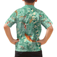 Green Palaka Hawaiian And Japanese Family Matching Summer Maxi Dress and Hawaiian Shirt Sakura Lei With Koi Fish - Polynesian Pride