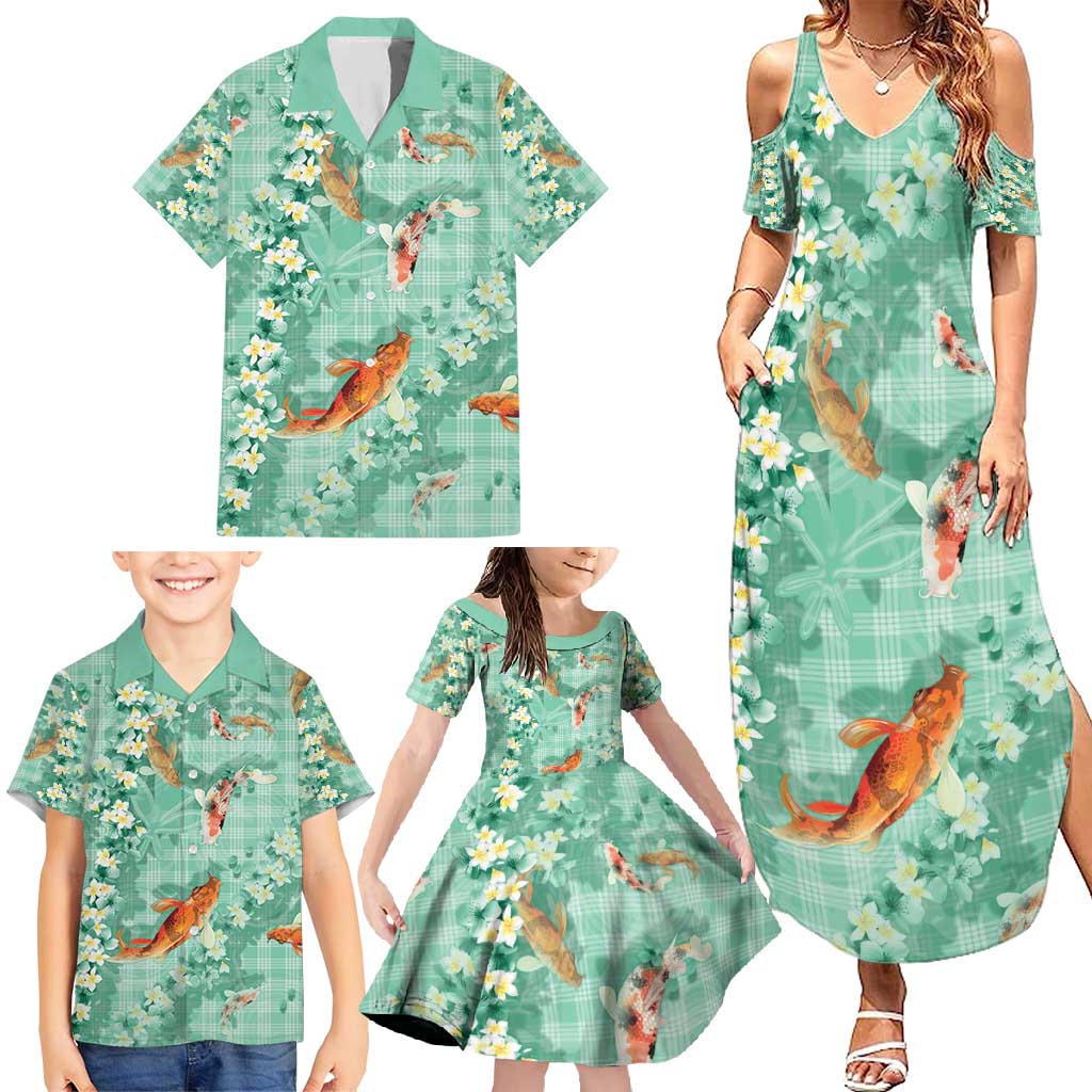 Green Palaka Hawaiian And Japanese Family Matching Summer Maxi Dress and Hawaiian Shirt Sakura Lei With Koi Fish - Polynesian Pride