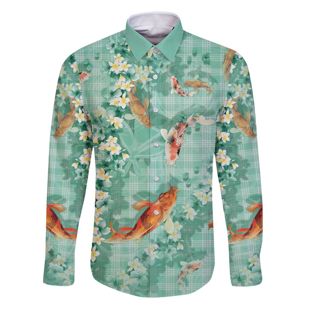 Green Palaka Hawaiian And Japanese Family Matching Summer Maxi Dress and Hawaiian Shirt Sakura Lei With Koi Fish - Polynesian Pride