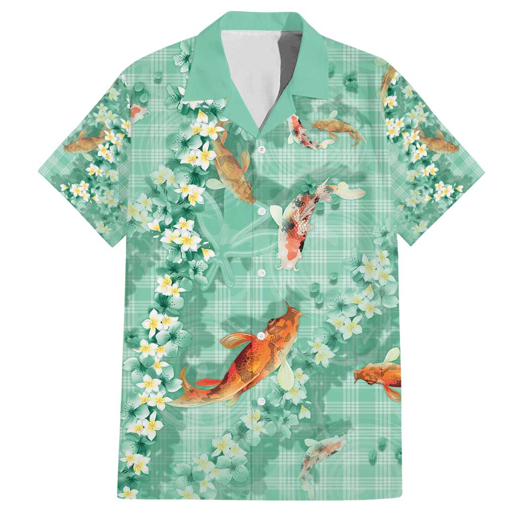 Green Palaka Hawaiian And Japanese Family Matching Tank Maxi Dress and Hawaiian Shirt Sakura Lei With Koi Fish - Polynesian Pride