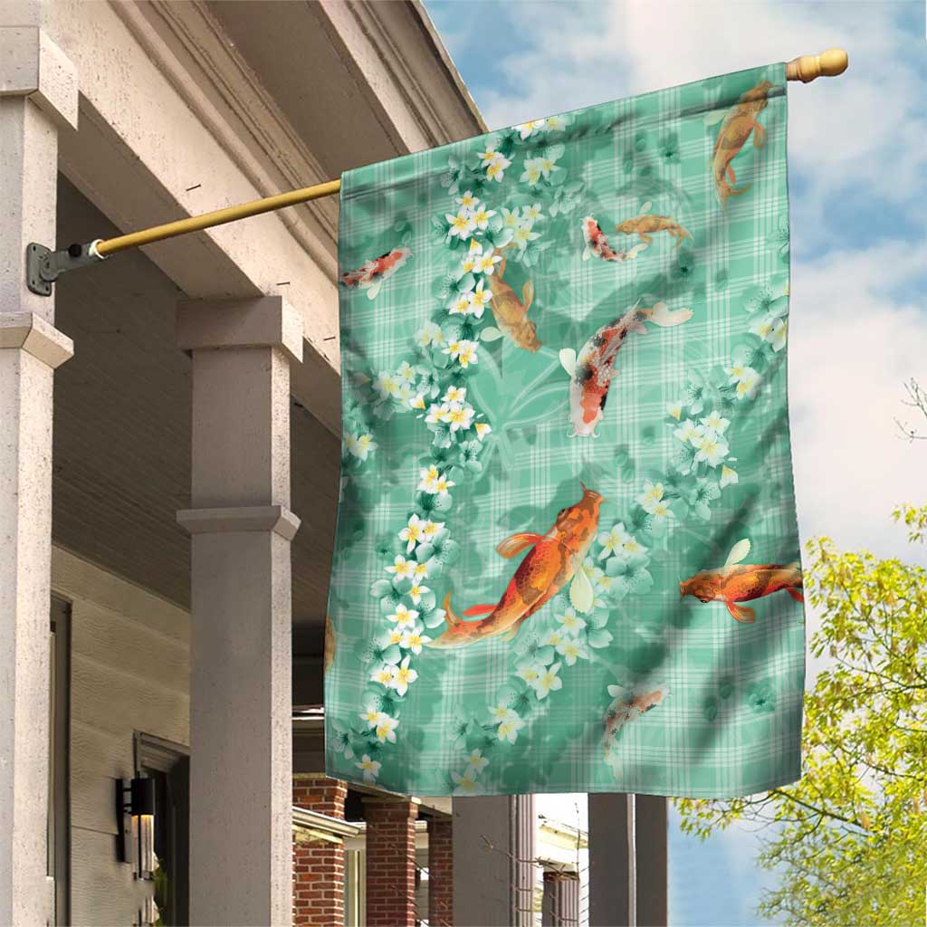 Green Palaka Hawaiian And Japanese Garden Flag Sakura Lei With Koi Fish - Polynesian Pride
