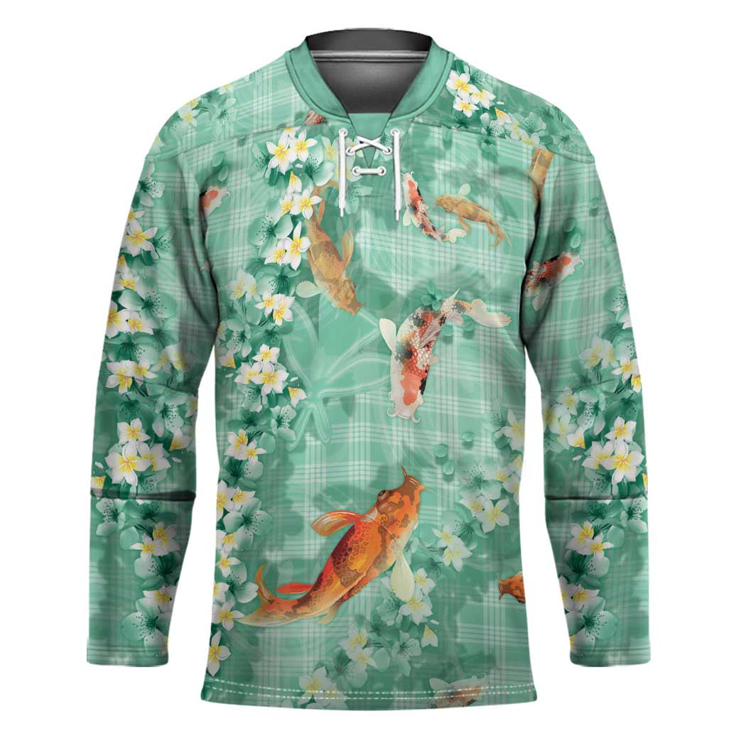 Green Palaka Hawaiian And Japanese Hockey Jersey Sakura Lei With Koi Fish - Polynesian Pride